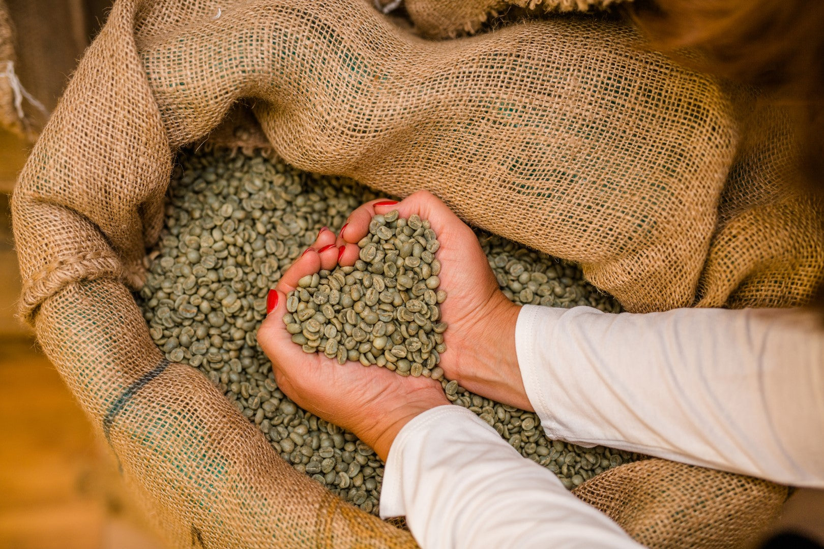 Hände halten Rohkaffee in Herzform